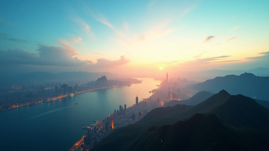 Panoramic view of a vibrant city skyline or natural landscape representing global travel.
