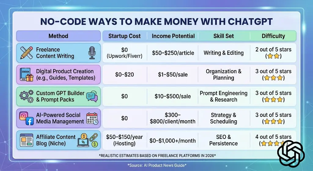 Real ways to make money with AI ChatGPT — no coding required. Honest income ranges, tools you need, and what actually works