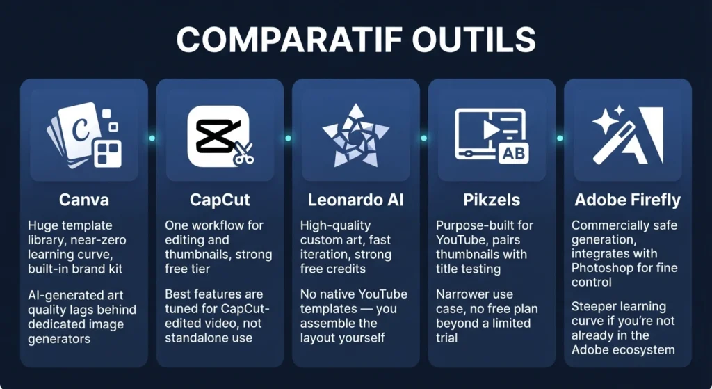 A comparison chart detailing features, pros, and cons of various software options evaluated by an AI Thumbnail Generator workflow, including Canva, CapCut, Leonardo AI, Pikzels, and Adobe Firefly.