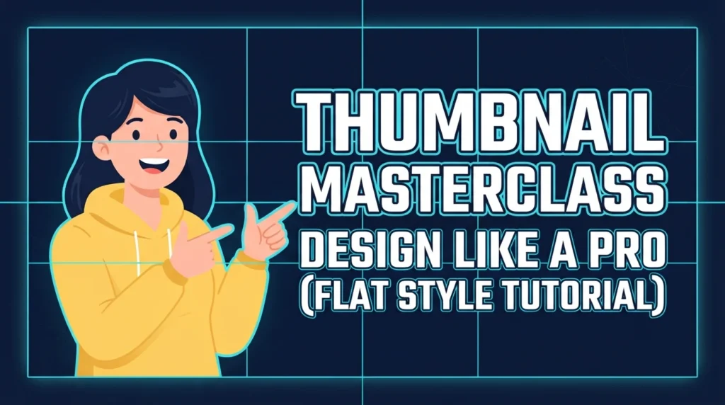 An instructional flat-style tutorial slide produced via an AI Thumbnail Generator, featuring an illustration of a woman in a yellow hoodie next to bold typography and design grid lines.