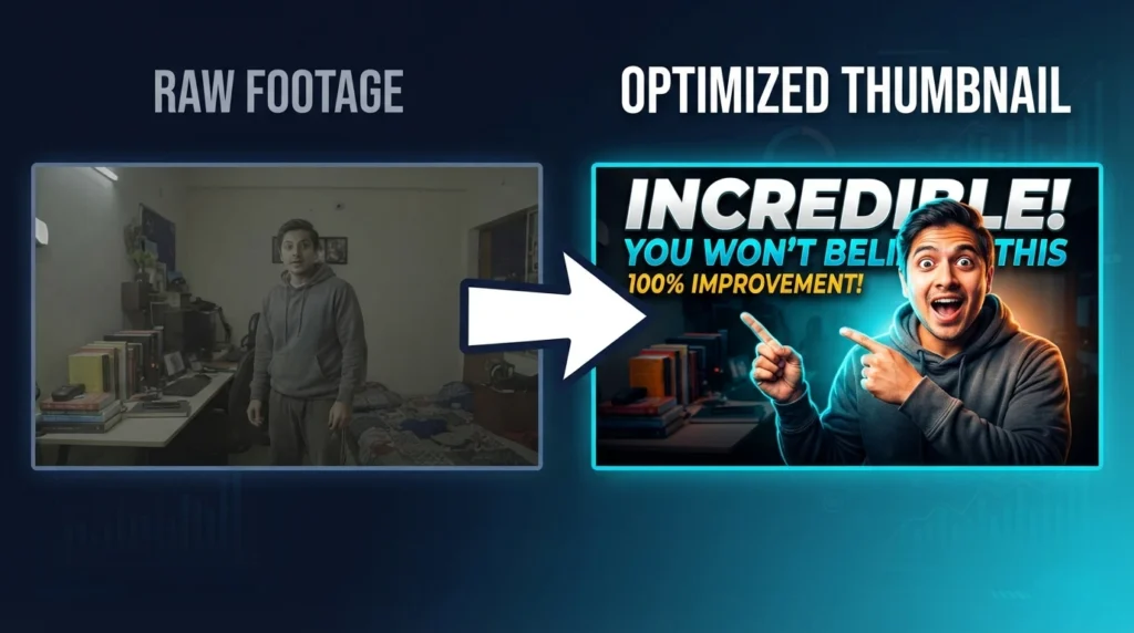 A side-by-side demonstration illustrating the transformation process powered by an AI Thumbnail Generator, turning a dark, raw video frame into an optimized, vibrant clickable thumbnail.