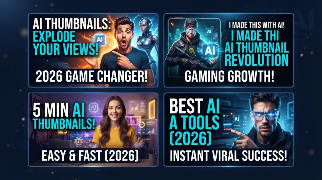 A collage showcasing four distinct YouTube-style graphics created using an AI Thumbnail Generator, featuring expressive people, glowing text overlays, and high-contrast digital elements