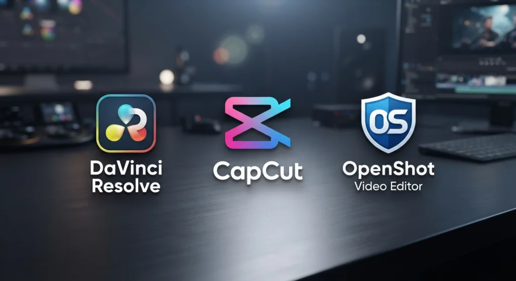 Best Free AI Video Editing Tools 2026 (No Watermark) (1).jpg: Logos for DaVinci Resolve, CapCut, and OpenShot Video Editor displayed neatly on a dark wooden desk surface with a blurred background setup.