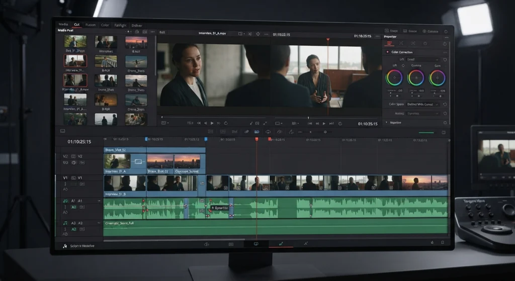 Close-up view of a professional desktop monitor displaying the multi-track timeline and color-correction panels of a video editing application.