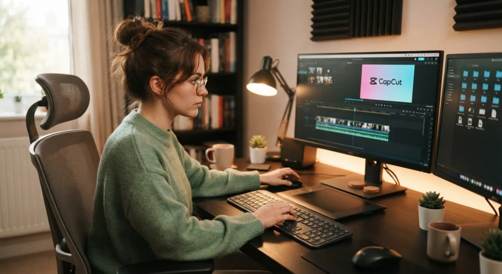 Best Free AI Video Editing Tools 2026 (No Watermark) (4).jpg: A woman with glasses and her hair in a bun sitting at a desk with dual monitors, editing a video using CapCut in a home office setting.