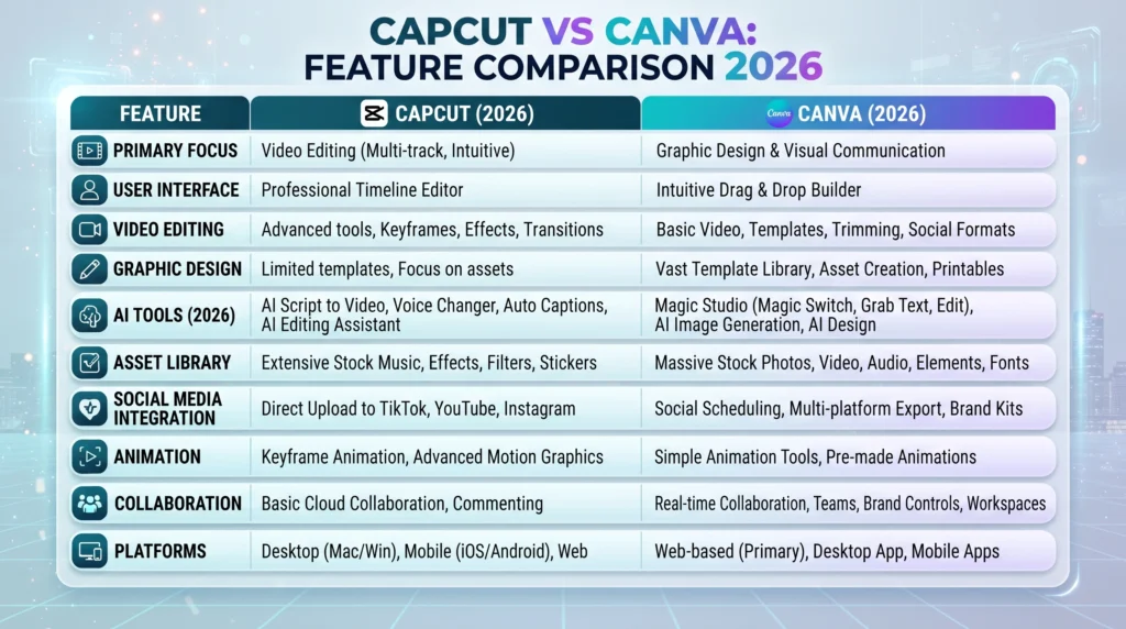 CapCut vs Canva feature comparison table for 2026