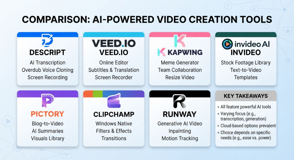 COMPARISON GRAPHIC: LOGOS OF ALL 7 TOOLS (DESCRIPT, VEED, KAPWING, INVIDEO, PICTORY, CLIPCHAMP, RUNWAY) IN A GRID