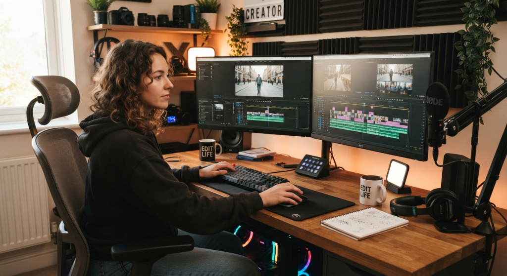 CREATOR AT A DESK WITH DUAL MONITORS SHOWING A VIDEO EDITING TIMELINE