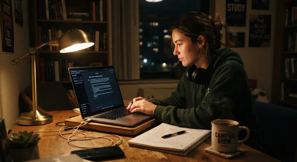 student using ChatGPT to study on laptop at night