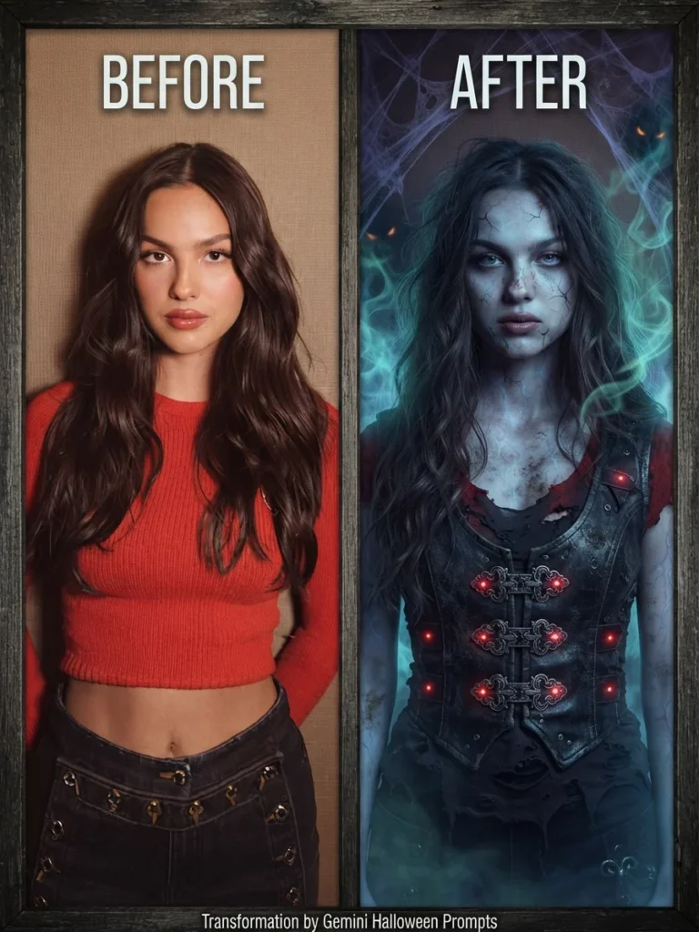 efore and after transformation using Gemini Halloween Photo Prompts for a spooky portrait
