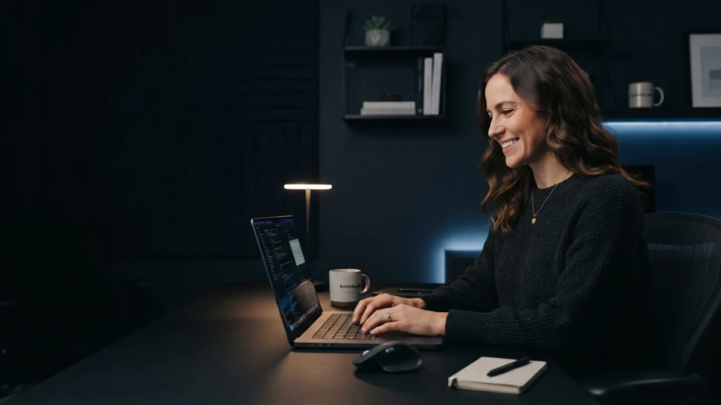 A smiling woman types on a laptop displaying code in a modern, dark-themed home office, set against a backdrop of ambient blue light and floating shelves. She represents the professional development behind new tech covered in AI product news