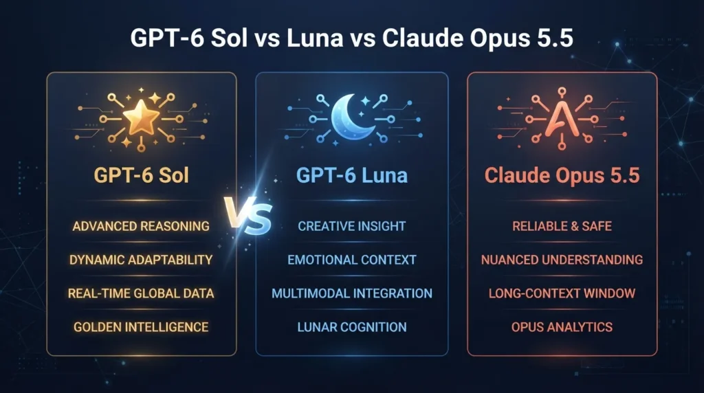 GPT-6 Sol vs GPT-6 Luna vs Claude Opus 5.5 AI model comparison