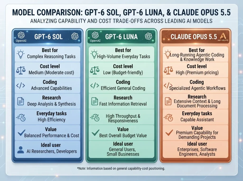 Comparison chart of GPT-6 Sol, GPT-6 Luna, and Claude Opus 5.5 by price, coding, research, and everyday use