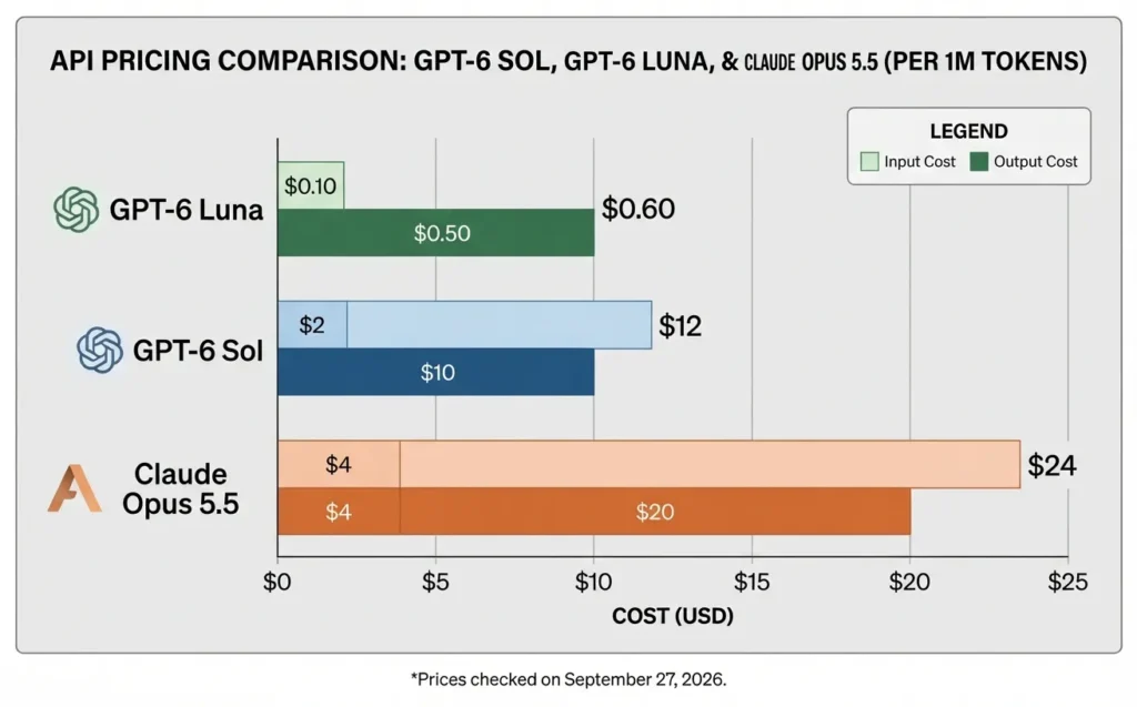 API pricing comparison for GPT-6 Sol, GPT-6 Luna, and Claude Opus 5.5