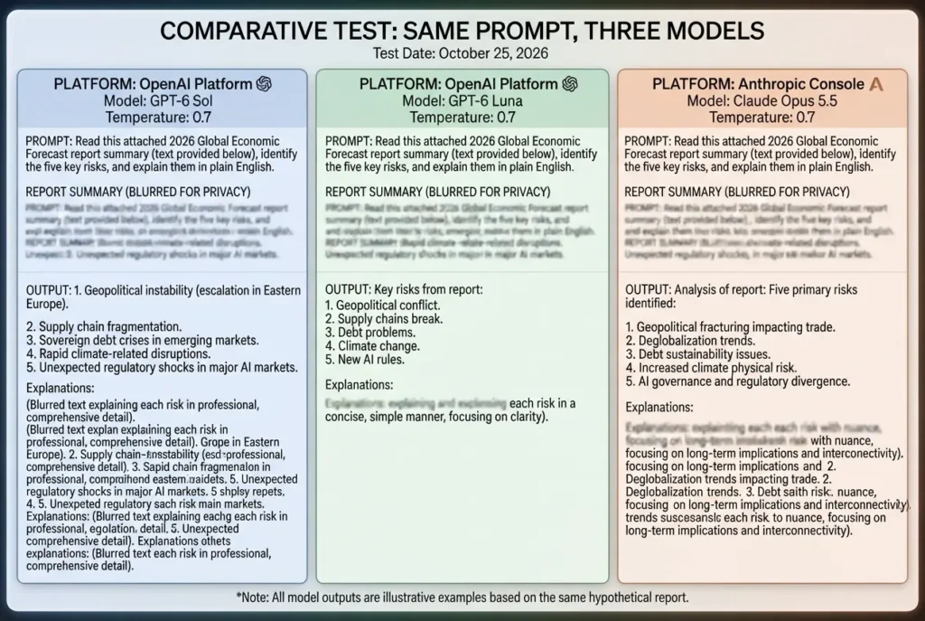 Same prompt test comparing GPT-6 Sol, GPT-6 Luna, and Claude Opus 5.5 responses