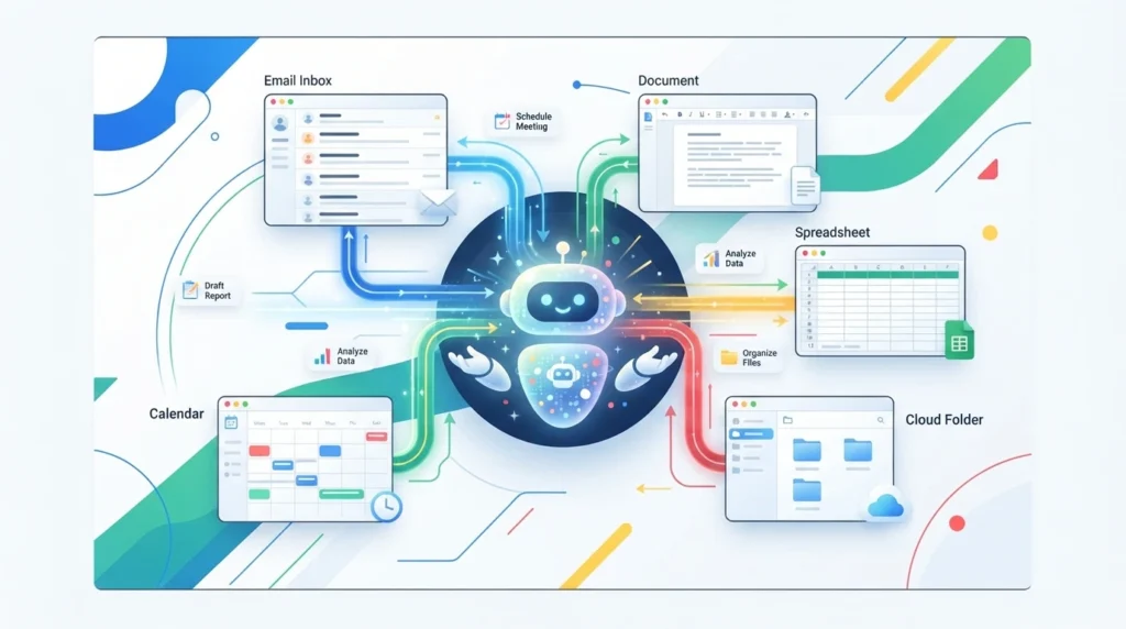 AI assistant connecting email, documents, spreadsheets, cloud files, and calendar tasks.