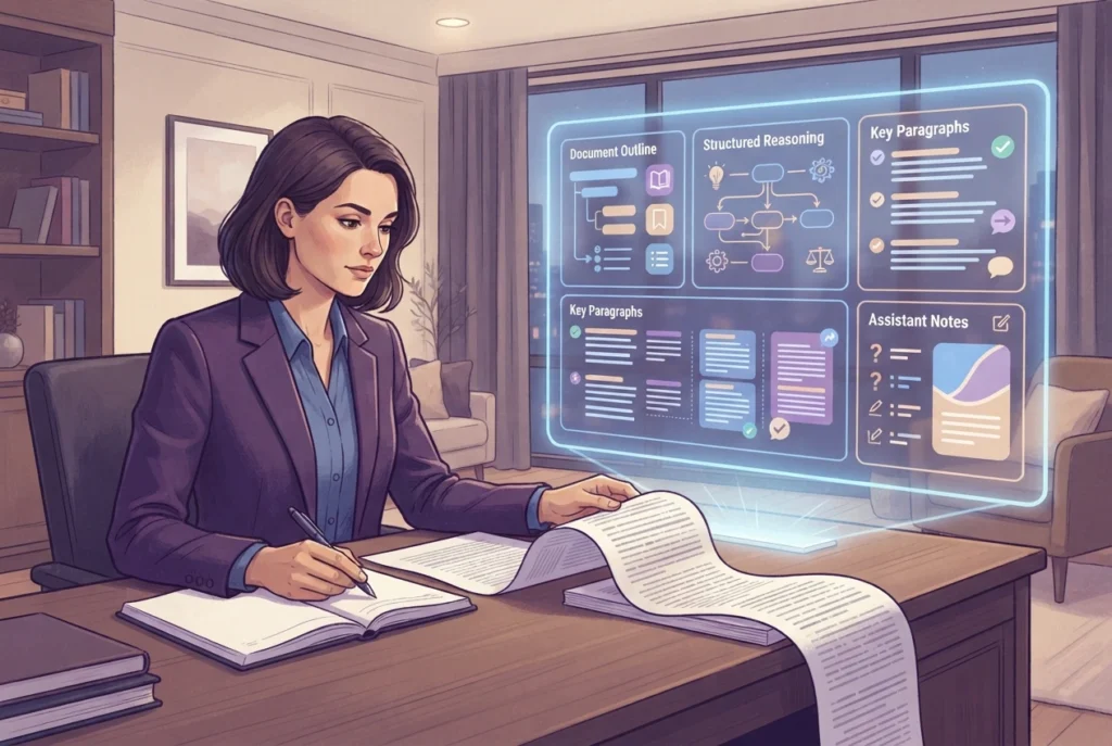 Writer reviewing a structured report with an AI assistant for editing and long-document analysis.