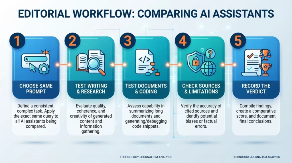 Five-step workflow for testing AI tools with consistent prompts, tasks, sources, and limitations.