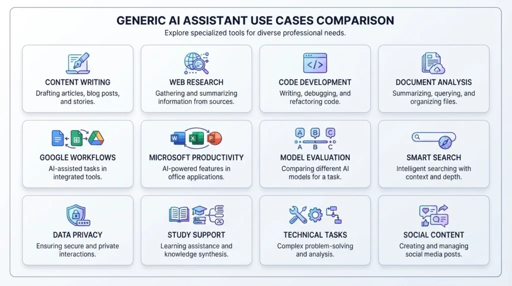 Comparison dashboard grouping AI assistants by writing, research, coding, documents, productivity, and privacy.