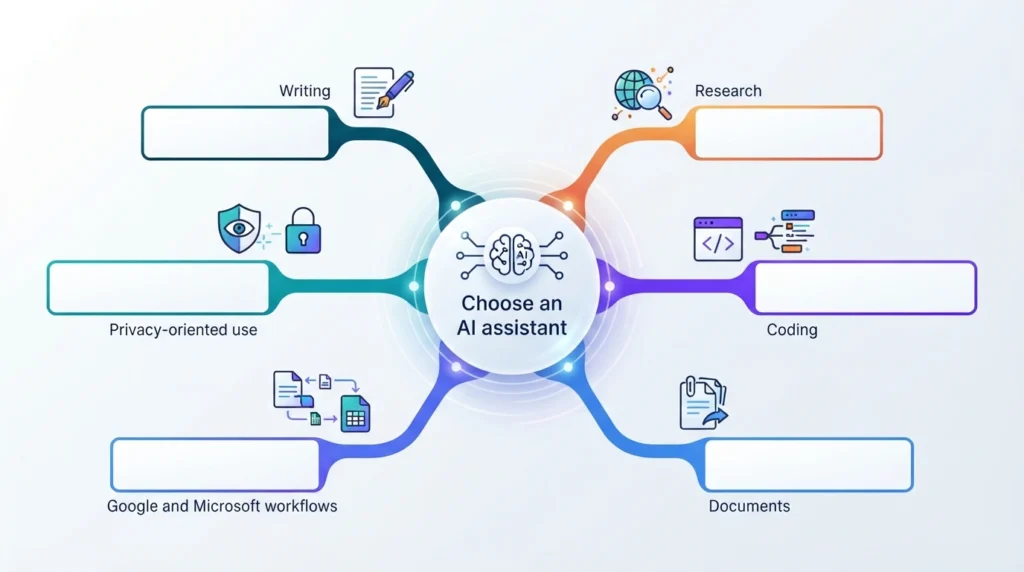 Decision map connecting AI assistant tasks such as writing, research, coding, documents, and productivity.