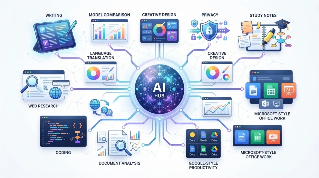Illustration of AI tools branching into writing, research, coding, documents, and productivity tasks.