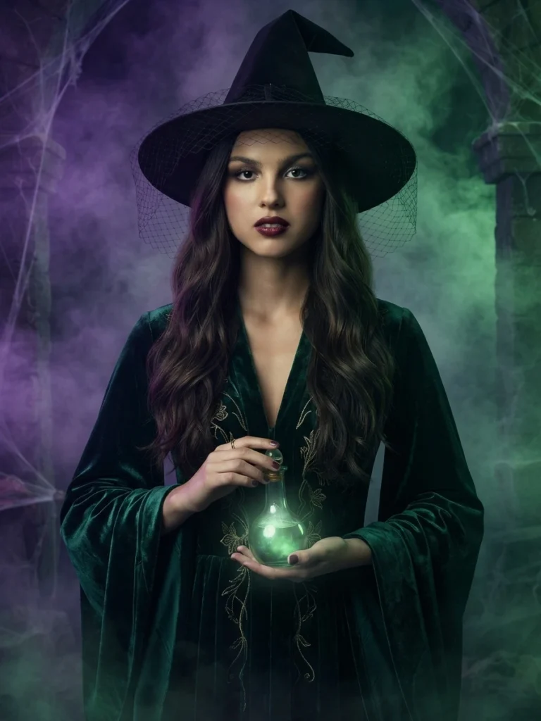 Elegant witch portrait generated using Gemini Halloween Photo Prompts for women