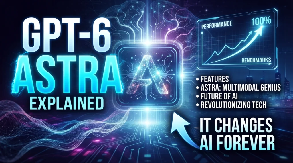 Explanatory graphic for GPT-6 Astra featuring a glowing processor chip, performance benchmark chart, and multimodal genius features