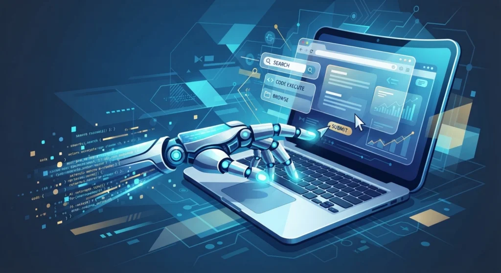 Robotic hand typing on a laptop with glowing interface elements representing GPT-6 Astra search, code execution, and browsing features