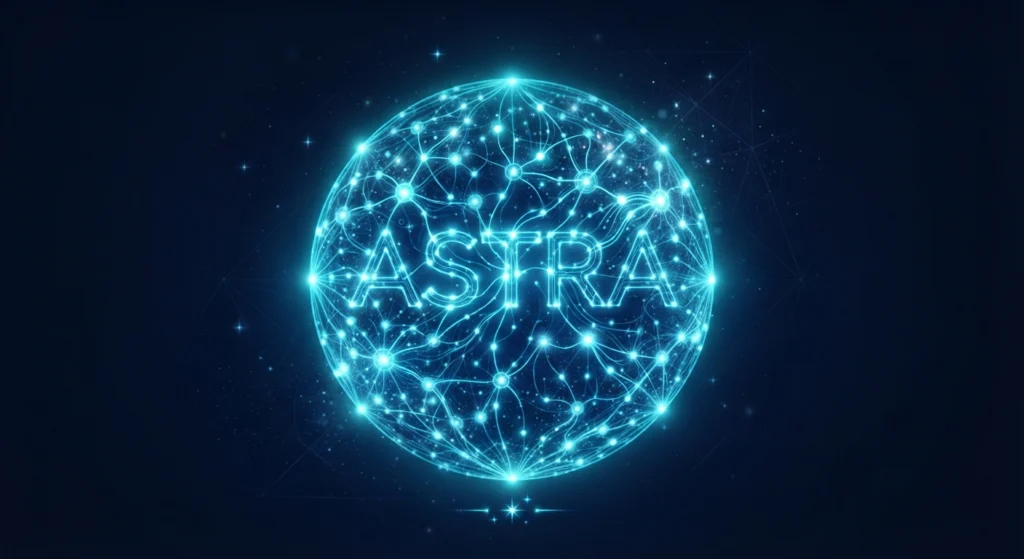 Glowing blue digital globe with a neural network pattern and the word Astra representing GPT-6 Astra