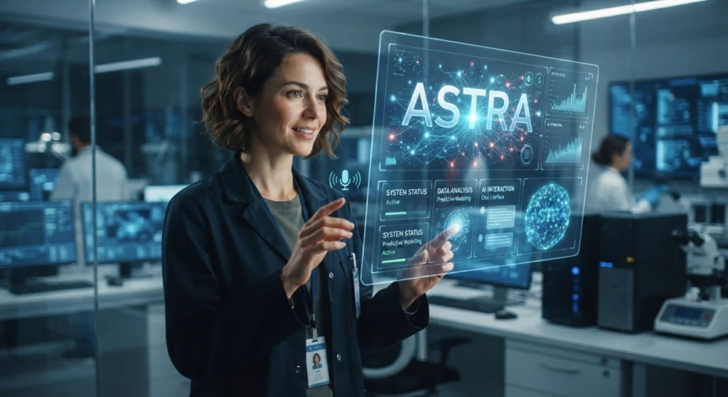 A professional woman interacting with a futuristic transparent holographic screen displaying GPT-6 Astra data analytics and system status