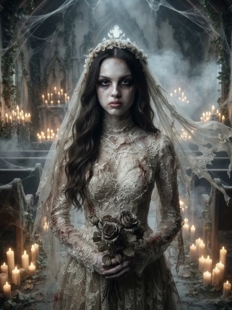 Haunting ghost bride portrait generated via Gemini Halloween Photo Prompts