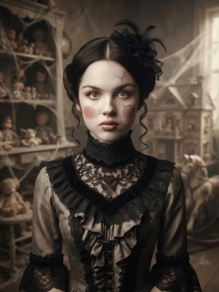 Gothic Victorian porcelain doll style generated using Gemini Halloween Photo Prompts