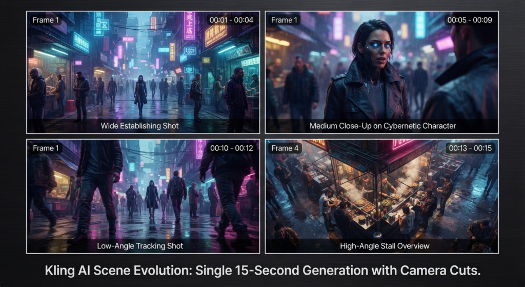 Four frames from a single Kling 3.0 Omni multi-shot generation