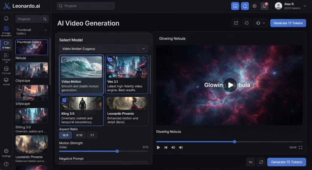 "Leonardo AI video model selection screen