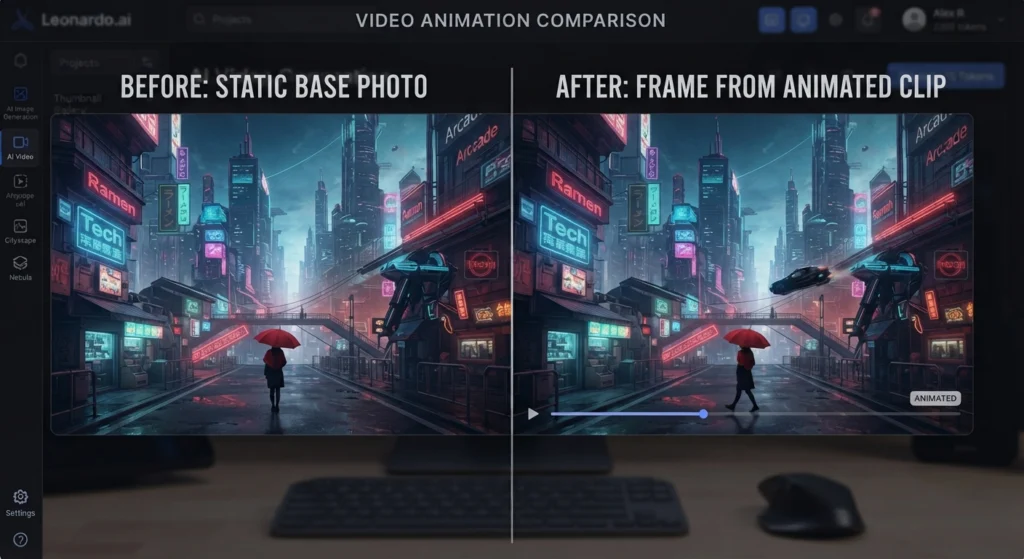 Before and after: static image animated with Leonardo AI