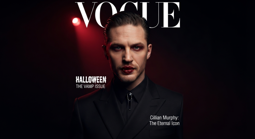 Modern high fashion vampire magazine cover style using Gemini Halloween Photo Prompts