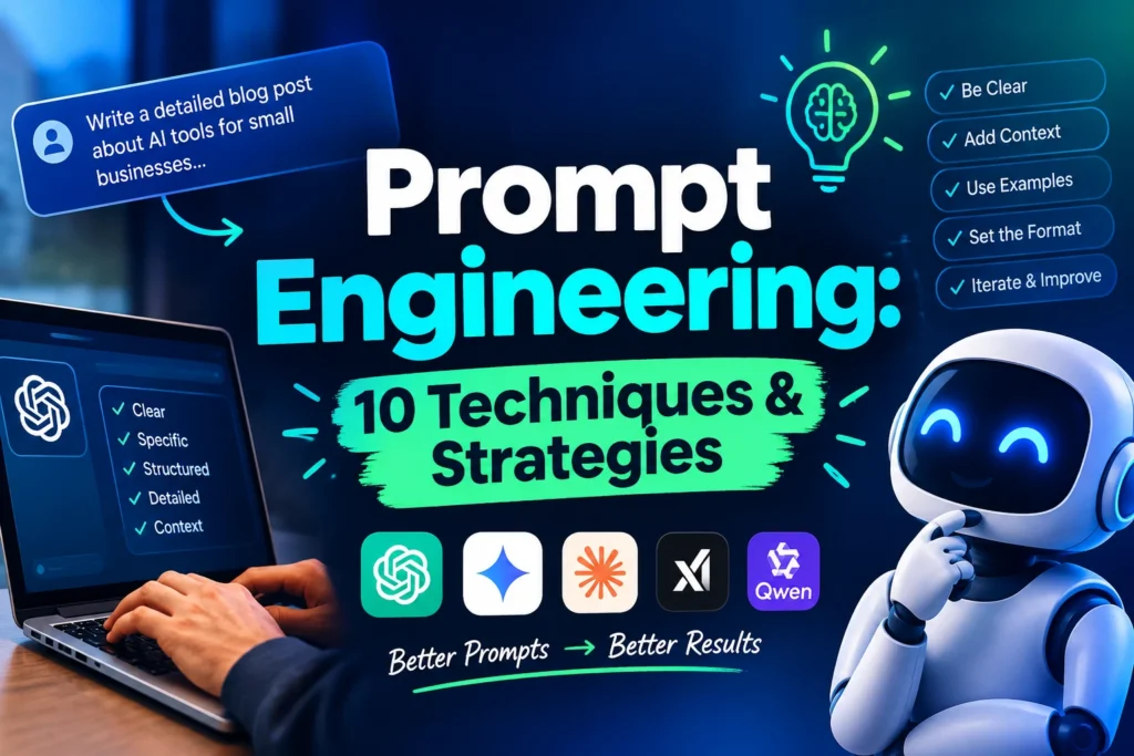 Prompt engineering thumbnail with a dark blue futuristic background, large centered text reading “Prompt Engineering: 10 Techniques & Strategies,” a laptop displaying an AI chat interface, a friendly AI robot, prompt-writing checklists, AI platform icons, and the message “Better Prompts → Better Results.” The design uses bright cyan and green accents to highlight AI prompting techniques and strategies.