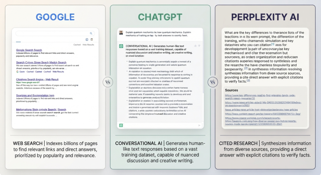 Comparison of AI search, traditional search, and conversational AI tools