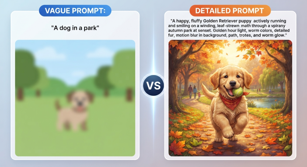 Comparison between a vague AI prompt and a detailed research prompt ON Perplexity AI
