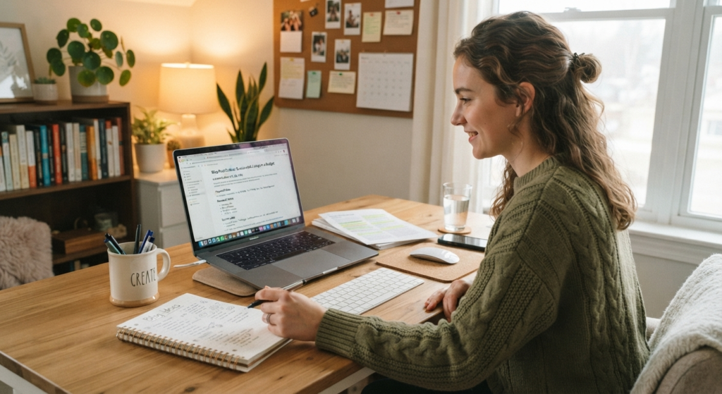 Blogger using Perplexity AI to research and outline an article
