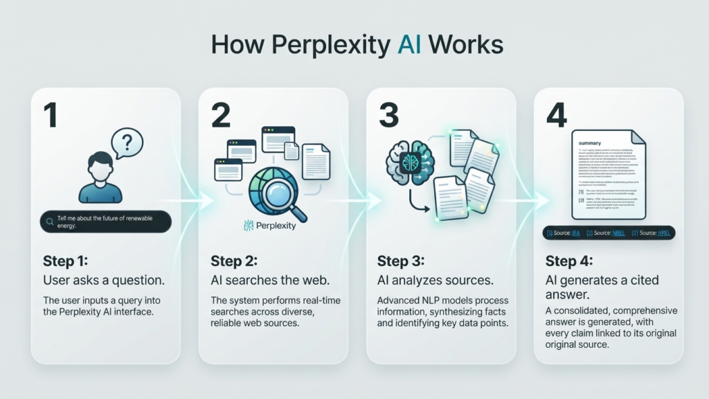 Four-step diagram showing how Perplexity AI searches and summarizes information