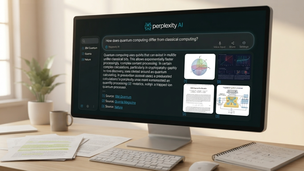 Perplexity AI search engine answering a user question with organized information