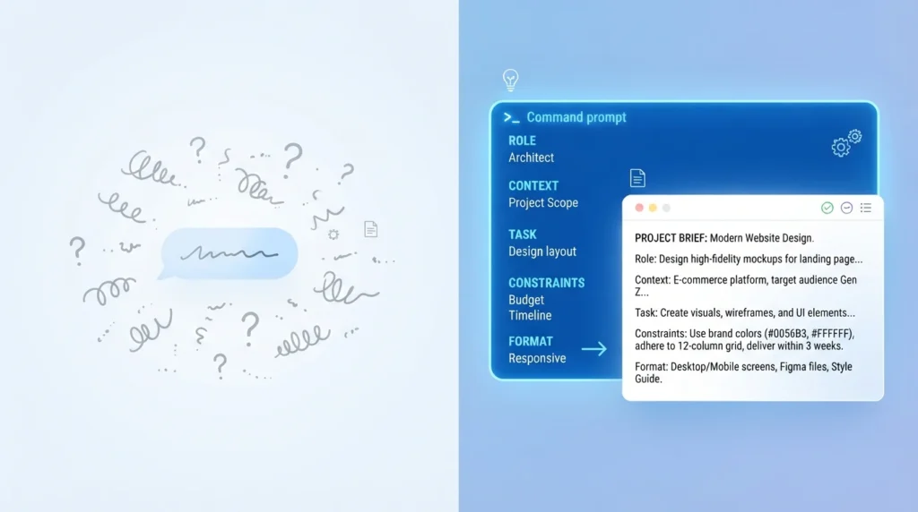 Prompt engineering comparison showing a vague prompt vs a structured prompt