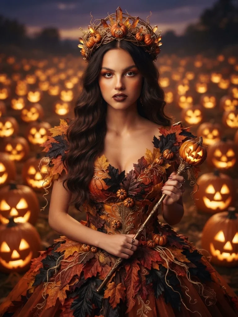 Regal pumpkin queen editorial look generated with Gemini Halloween Photo Prompts