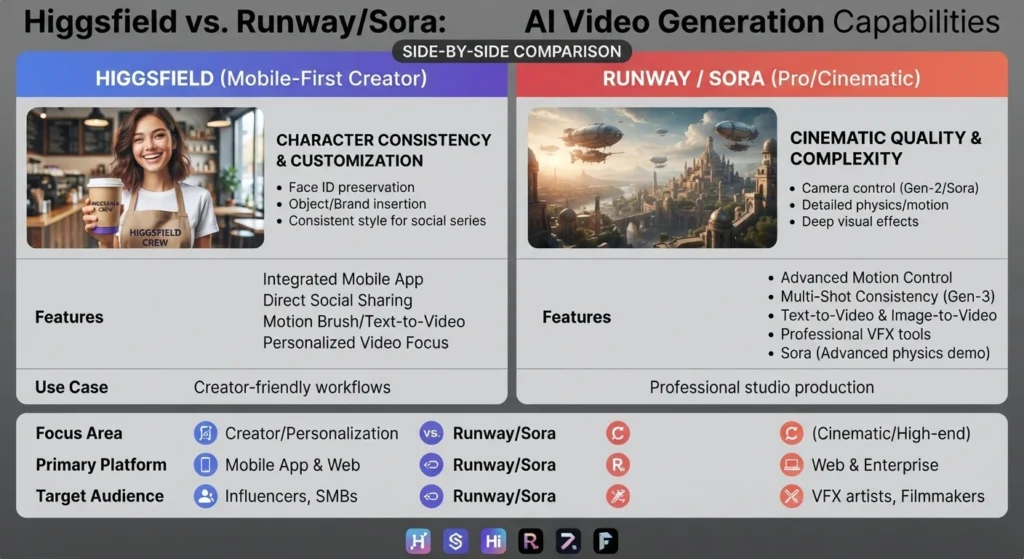 Higgsfield ai Compare to Other AI Video Generators Like Runway or Sora
