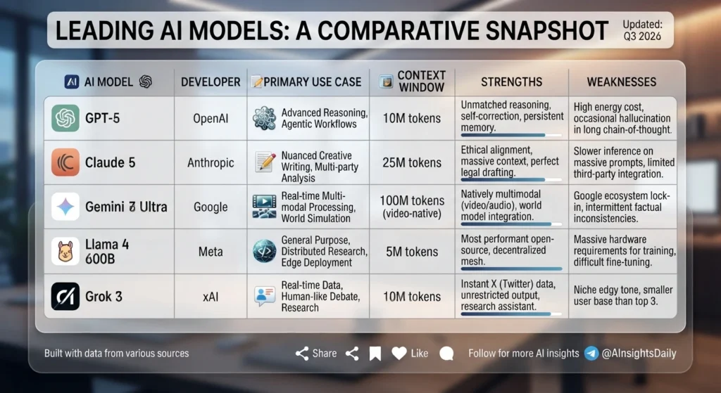 Comparison table of the best AI models for writing, coding, and business in 2026