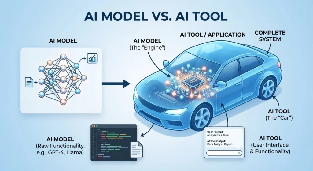 simple graphic showing an "engine" (model) inside a "car" (tool/app)