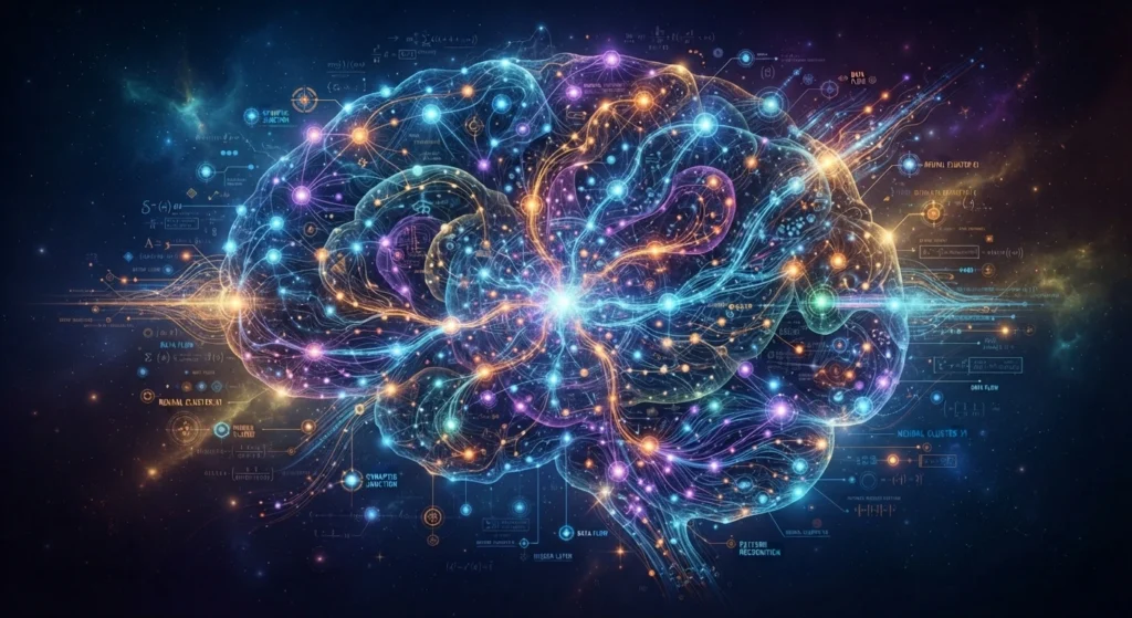 Illustration of an AI model as a neural network processing data