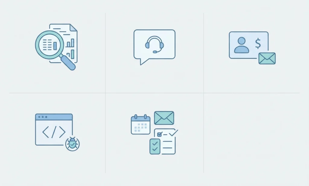 Collage of five AI agent examples: research, customer support, sales, coding, and personal productivity.