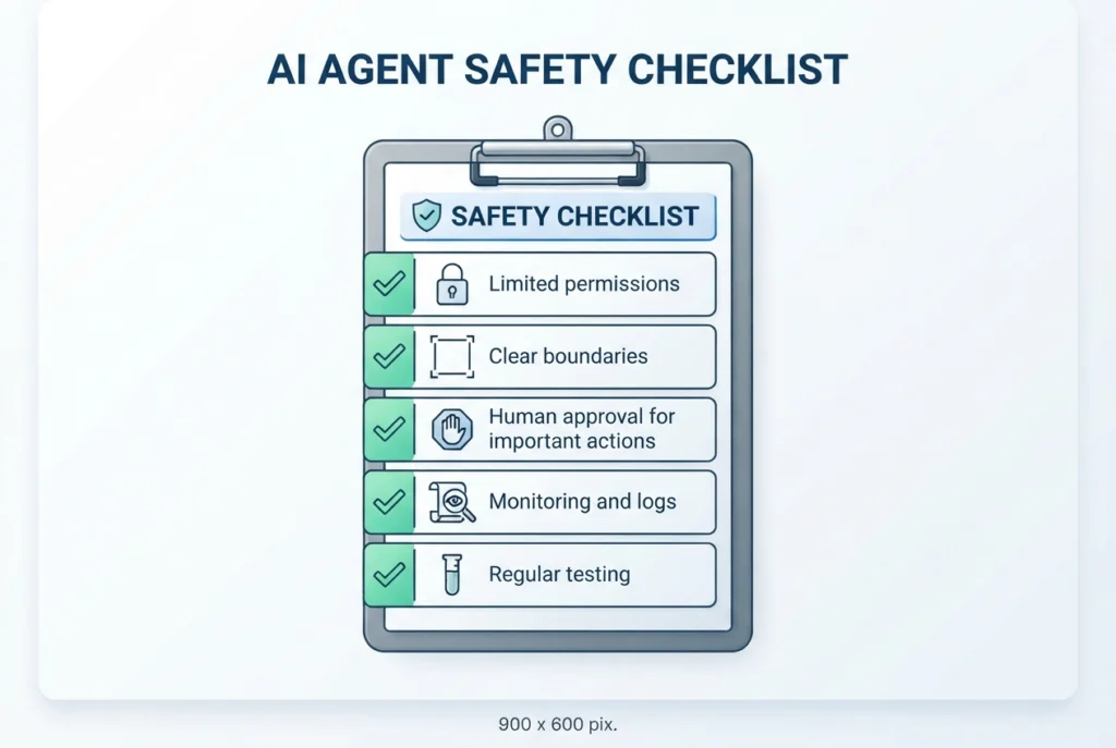 AI agent safety checklist: limited permissions, clear boundaries, human approval, monitoring and logs, and regular testing.